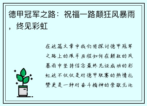 德甲冠军之路：祝福一路颠狂风暴雨，终见彩虹
